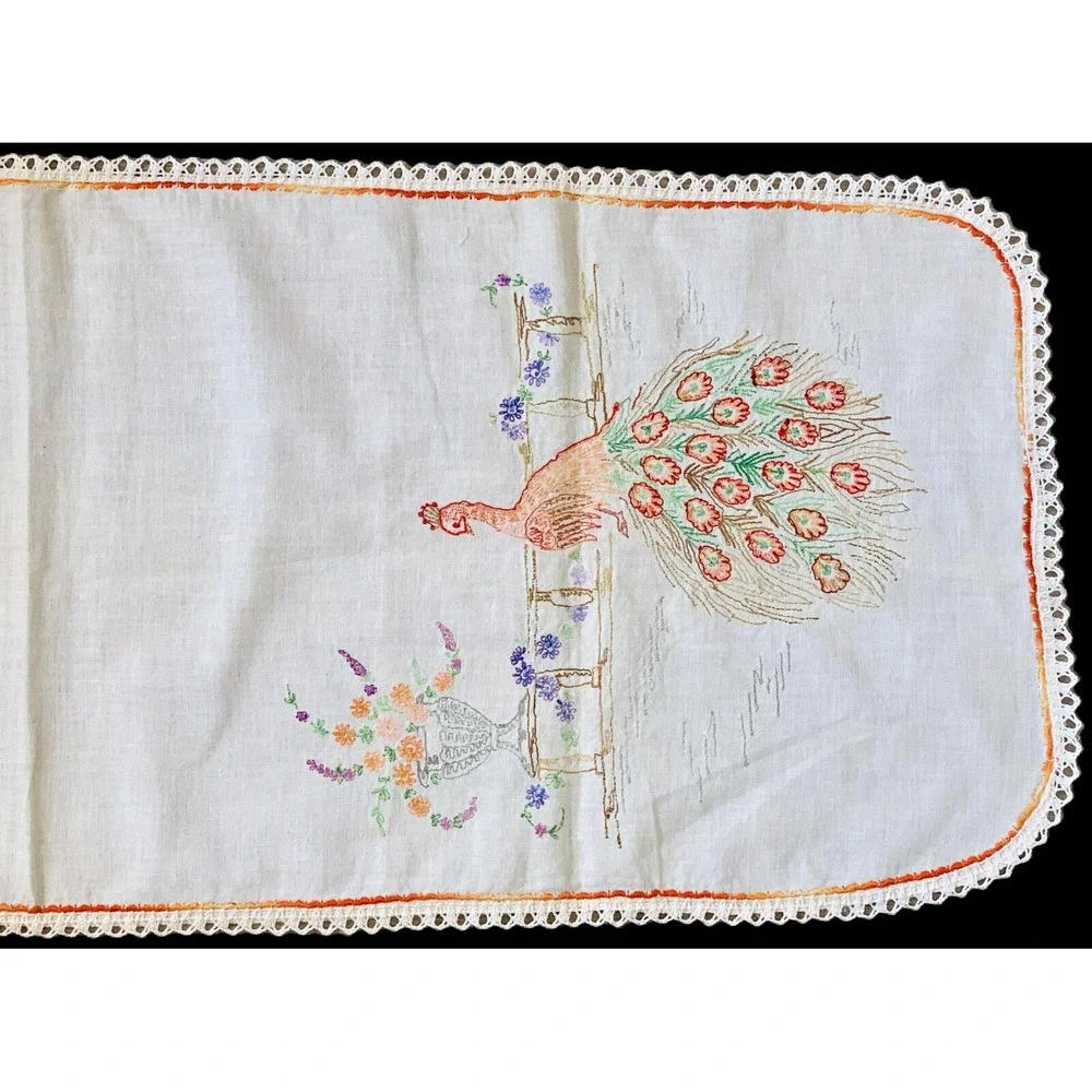 Vintage PEACOCK, Fence & Urn Table Runner Dresser Scarf 36